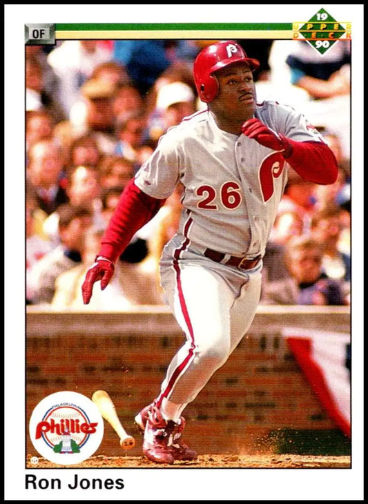 Ron Jones in #26 white Philadelphia Phillies uniform swings bat for Upper Deck card