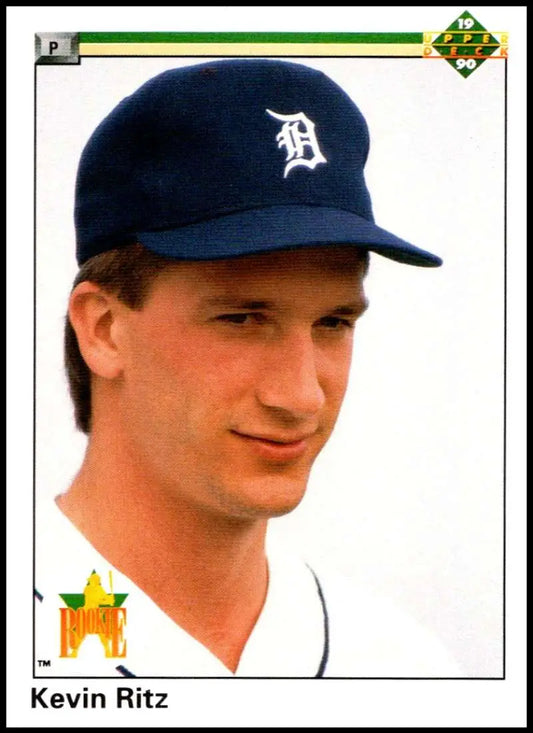 Kevin Ritz in a navy blue cap on a 1990 Upper Deck baseball card featuring the Tigers