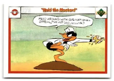 Vintage Daffy Duck trading card from 1990 Upper Deck Comic Ball series featuring a chef with hot dog