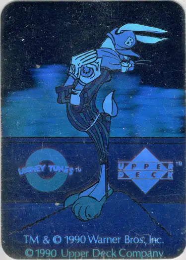 Blue cartoon rabbit in basketball uniform performing a jump pose on a promo card