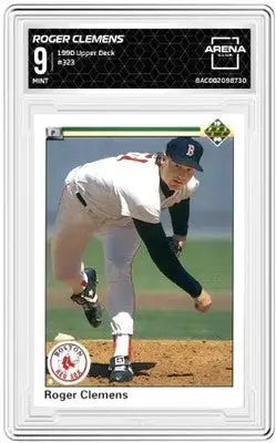 Graded 1990 Upper Deck Roger Clemens #323 baseball card displayed in 1990 Upper Deck Roger Clemens product