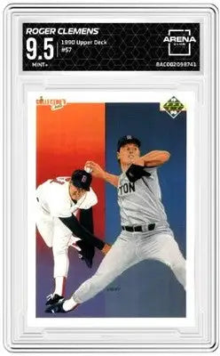 Graded 1990 Upper Deck Roger Clemens baseball card displayed in 1990 Upper Deck Roger Clemens #57 product