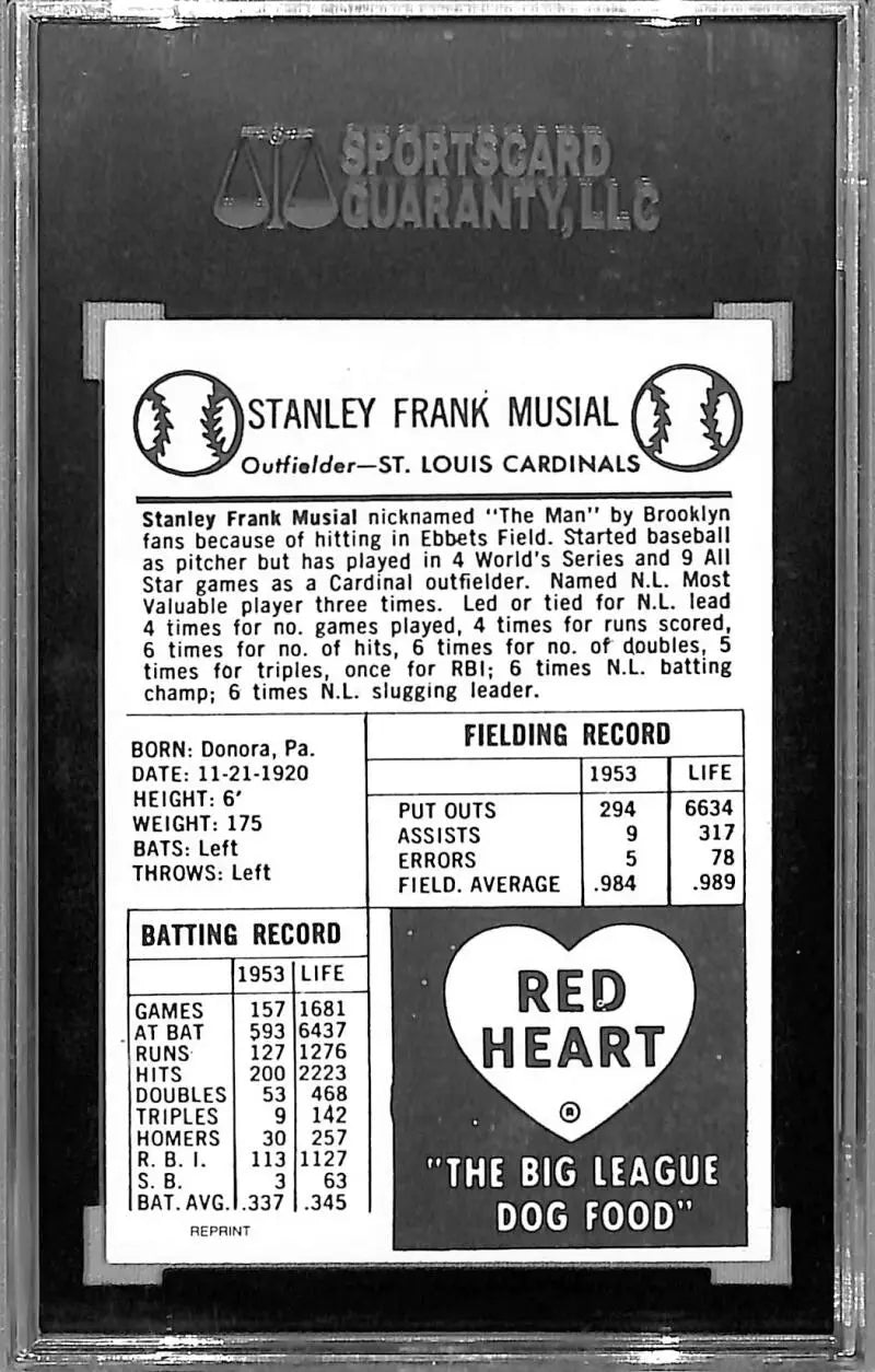 Stan Musial baseball card from 1991 Red Heart Dog Food Reprints, SGC Auth Auto