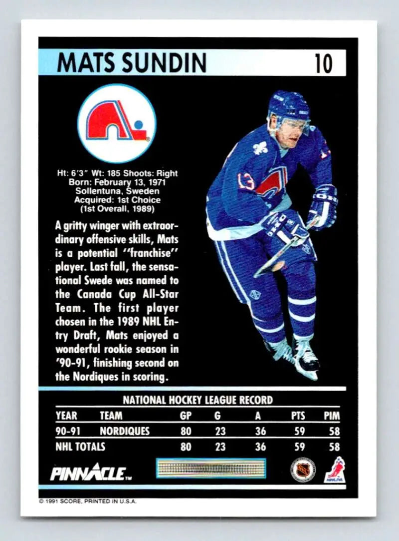 1991-92 Pinnacle Mats Sundin Quebec Nordiques Hockey Card in blue uniform
