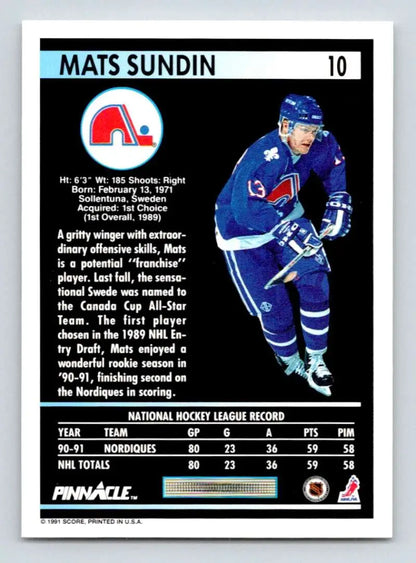 1991-92 Pinnacle Mats Sundin Quebec Nordiques Hockey Card in blue uniform