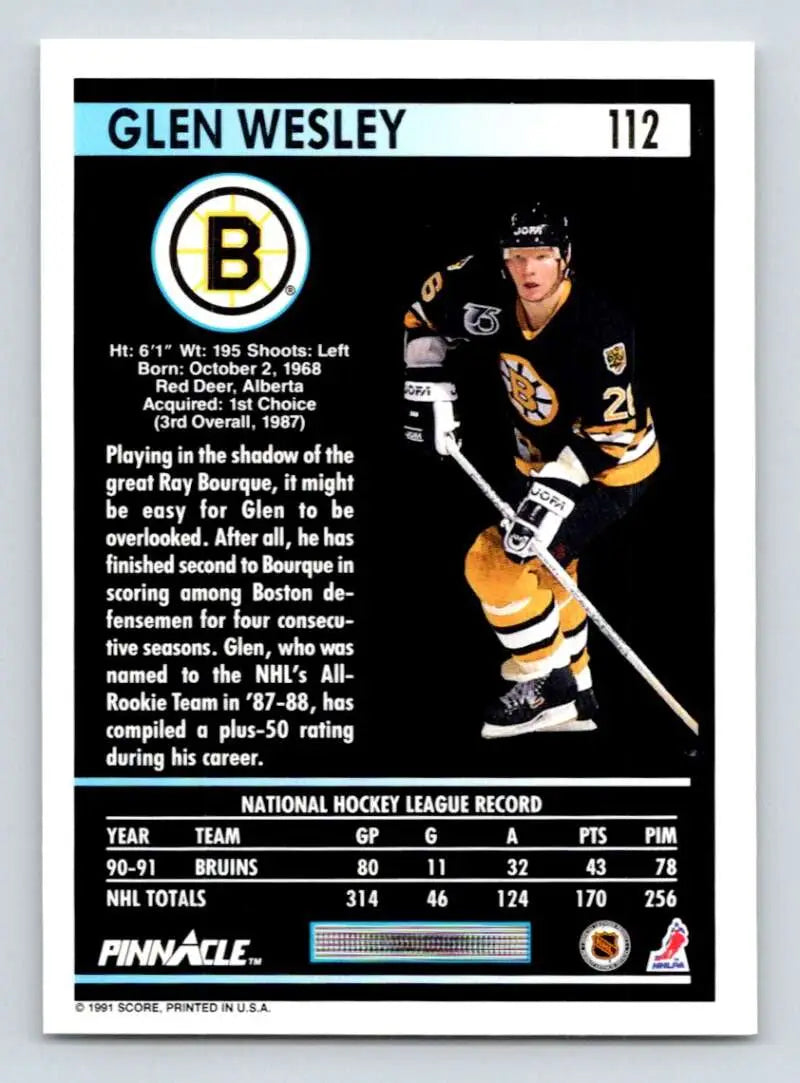 Hockey card of Glen Wesley in Boston Bruins black and yellow uniform, 1991-92 Pinnacle
