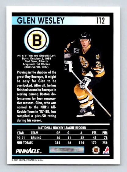 Hockey card of Glen Wesley in Boston Bruins black and yellow uniform, 1991-92 Pinnacle