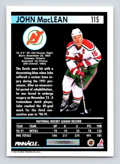 John MacLean New Jersey Devils hockey card in white and red uniform 1991-92 Pinnacle