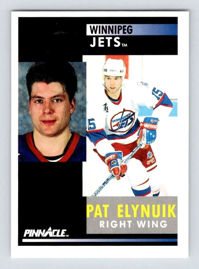 Pat Elynuik Winnipeg Jets hockey card showcasing player in portrait and action poses