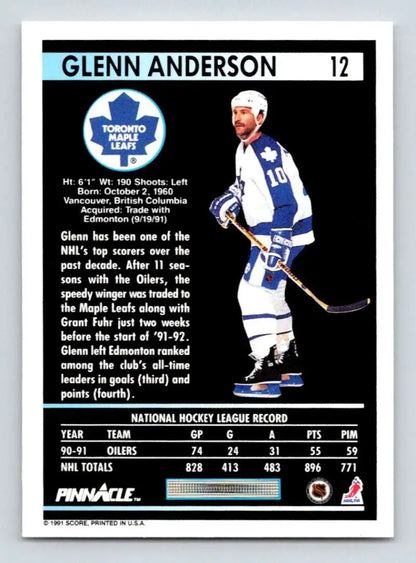 Hockey trading card featuring Glenn Anderson in Toronto Maple Leafs uniform with stats