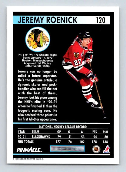 Chicago Blackhawks Hockey Card of Jeremy Roenick wearing jersey #27 in red and black