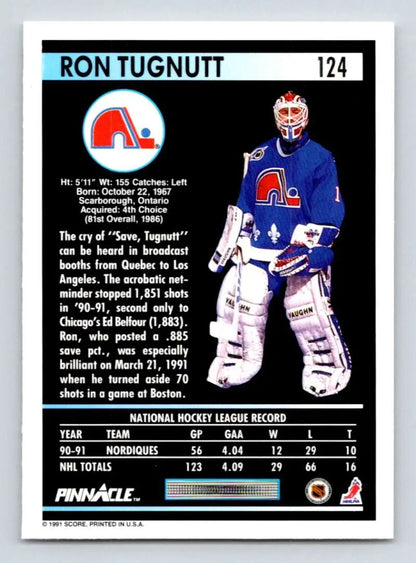 Ron Tugnutt Quebec Nordiques hockey card featuring goalie in blue jersey with logo