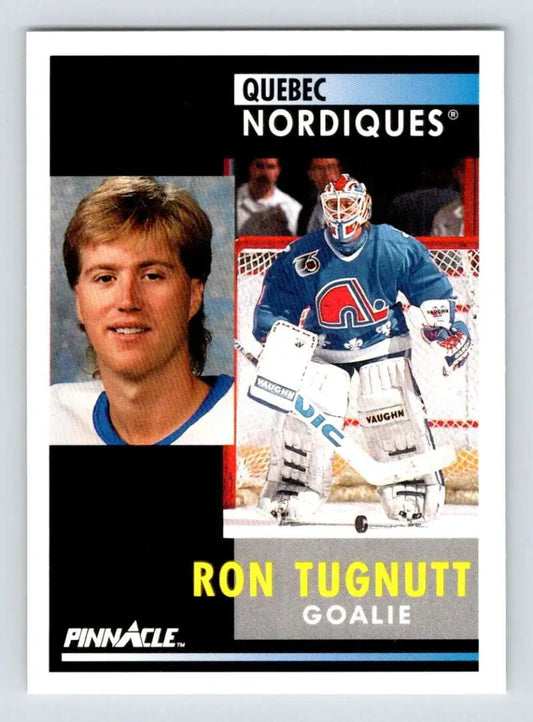Hockey card of Ron Tugnutt in blue and white Quebec Nordiques uniform
