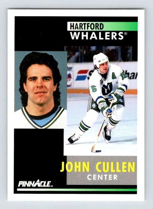 Hockey card of John Cullen featuring Hartford Whalers portrait and action shots