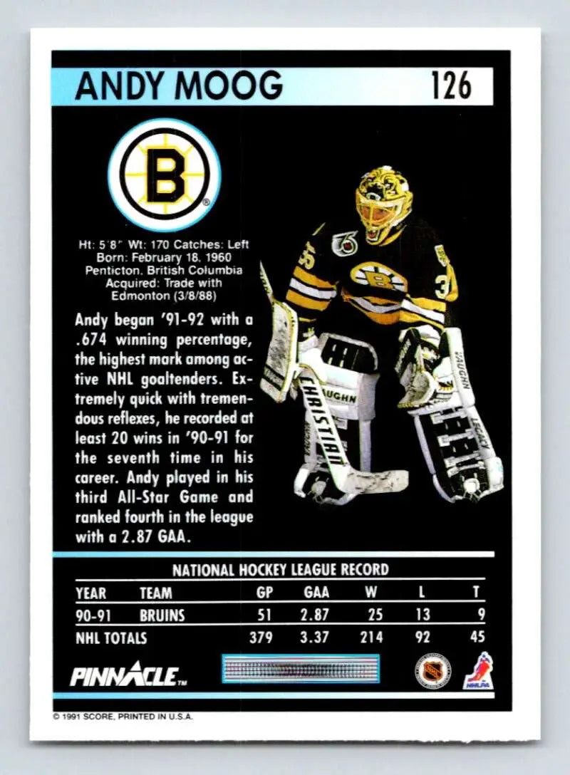 Hockey card of Andy Moog in Boston Bruins yellow and black uniform, 1991-92 Pinnacle