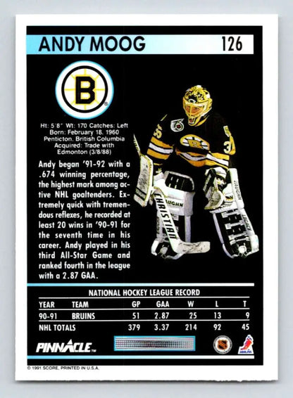 Hockey card of Andy Moog in Boston Bruins yellow and black uniform, 1991-92 Pinnacle