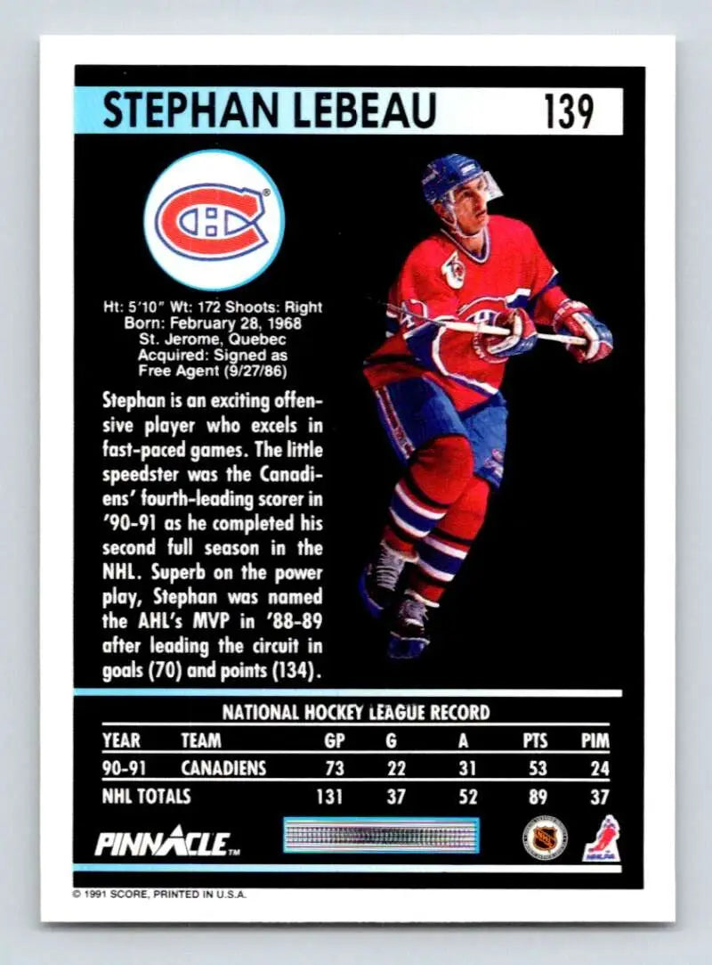 Hockey card of Stephan Lebeau in classic Montreal Canadiens uniform from 1991-92 Pinnacle