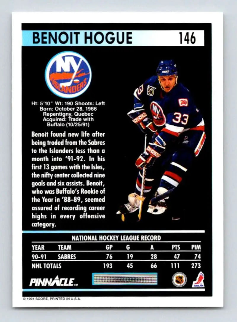 Hockey trading card of Benoit Hogue, New York Islanders, 1991-92 Pinnacle #146