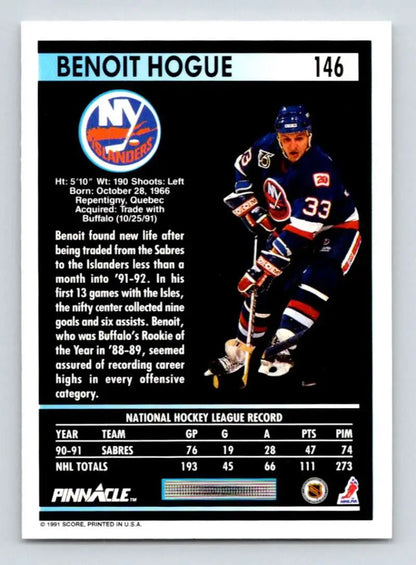 Hockey trading card of Benoit Hogue, New York Islanders, 1991-92 Pinnacle #146