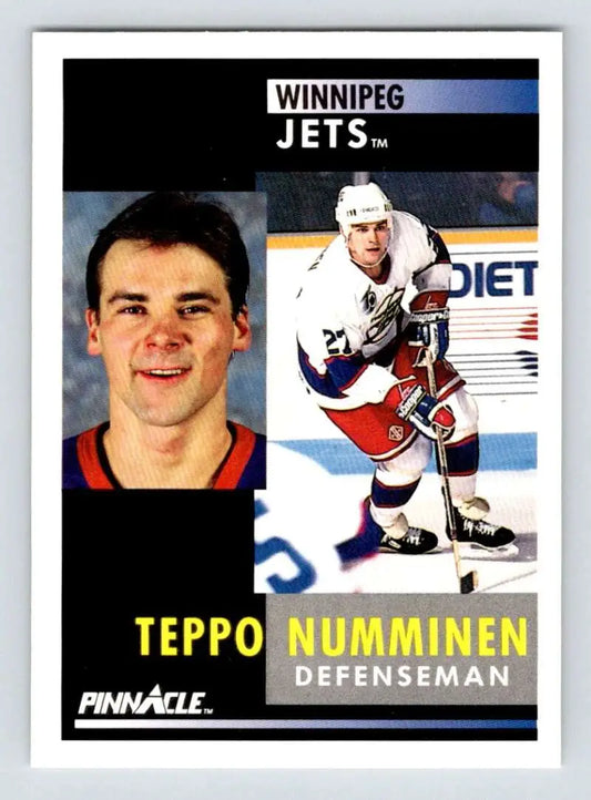 Hockey card of Teppo Numminen, Winnipeg Jets defenseman, number 27, 1991-92 Pinnacle