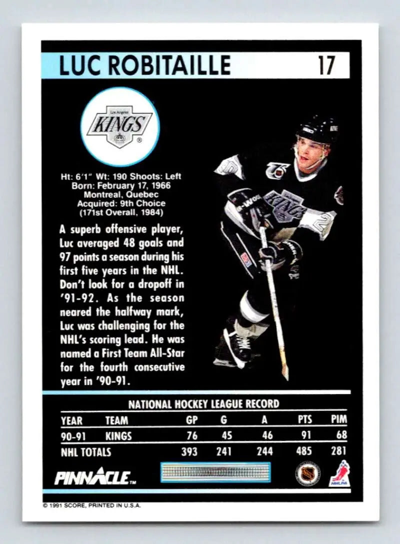 Hockey card featuring Luc Robitaille from the Los Angeles Kings 1991-92 Pinnacle series