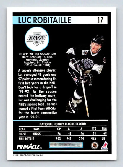 Hockey card featuring Luc Robitaille from the Los Angeles Kings 1991-92 Pinnacle series