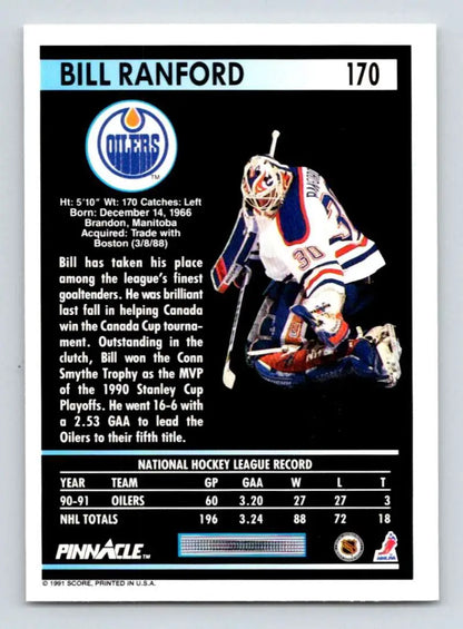 Hockey card of Bill Ranford, Edmonton Oilers goalie in white with blue and orange trim