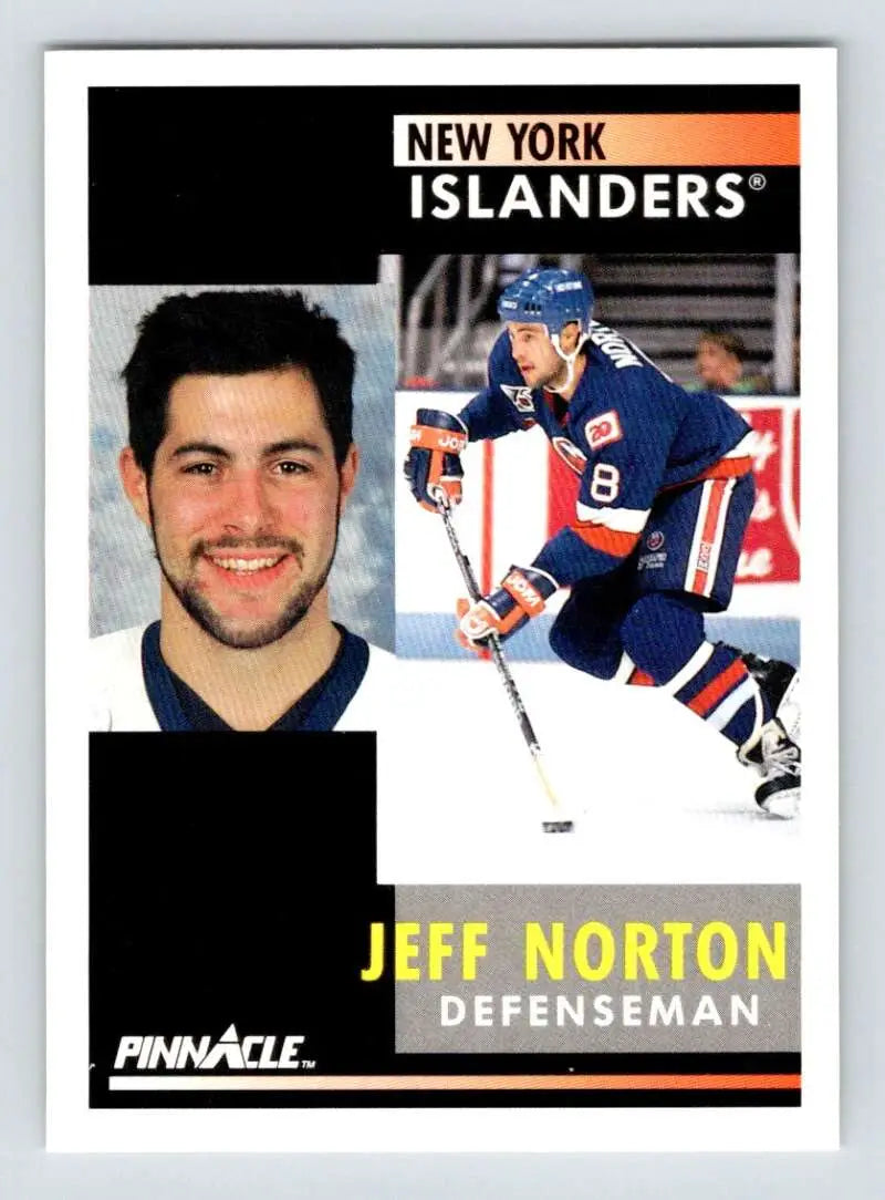 Hockey card of Jeff Norton, New York Islanders defenseman in action and portrait shots