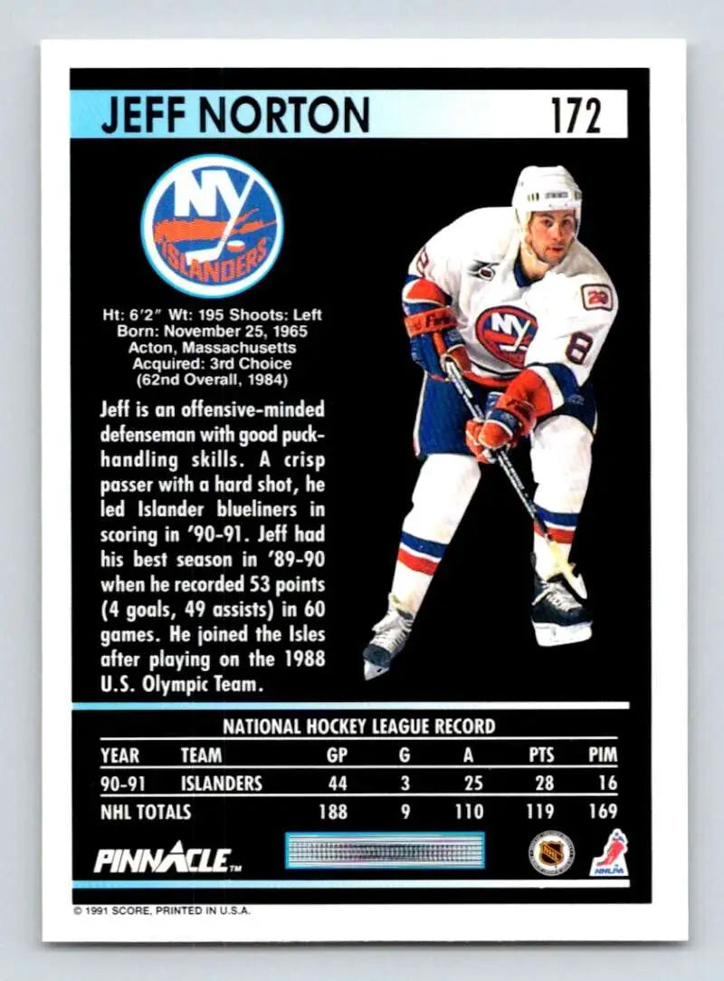 Hockey card of Jeff Norton in a New York Islanders uniform with statistics and logo