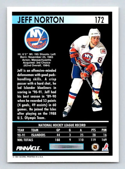 Hockey card of Jeff Norton in a New York Islanders uniform with statistics and logo