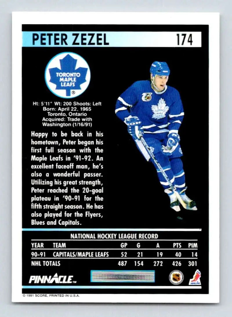 Toronto Maple Leafs 1991-92 Pinnacle #174 Peter Zezel hockey trading card in blue and white