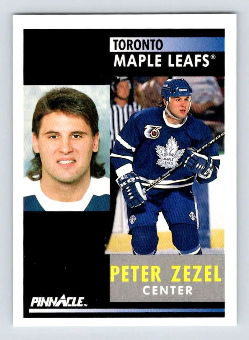 Hockey trading card of Peter Zezel featuring Toronto Maple Leafs portrait and action poses