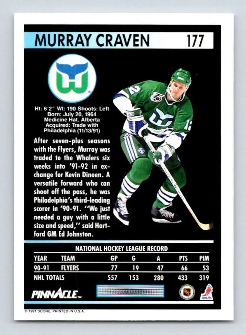 Hockey trading card of Murray Craven in a Hartford Whalers uniform, 1991-92 Pinnacle