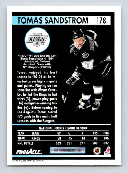 Hockey trading card of Tomas Sandstrom skating for the Los Angeles Kings on ice