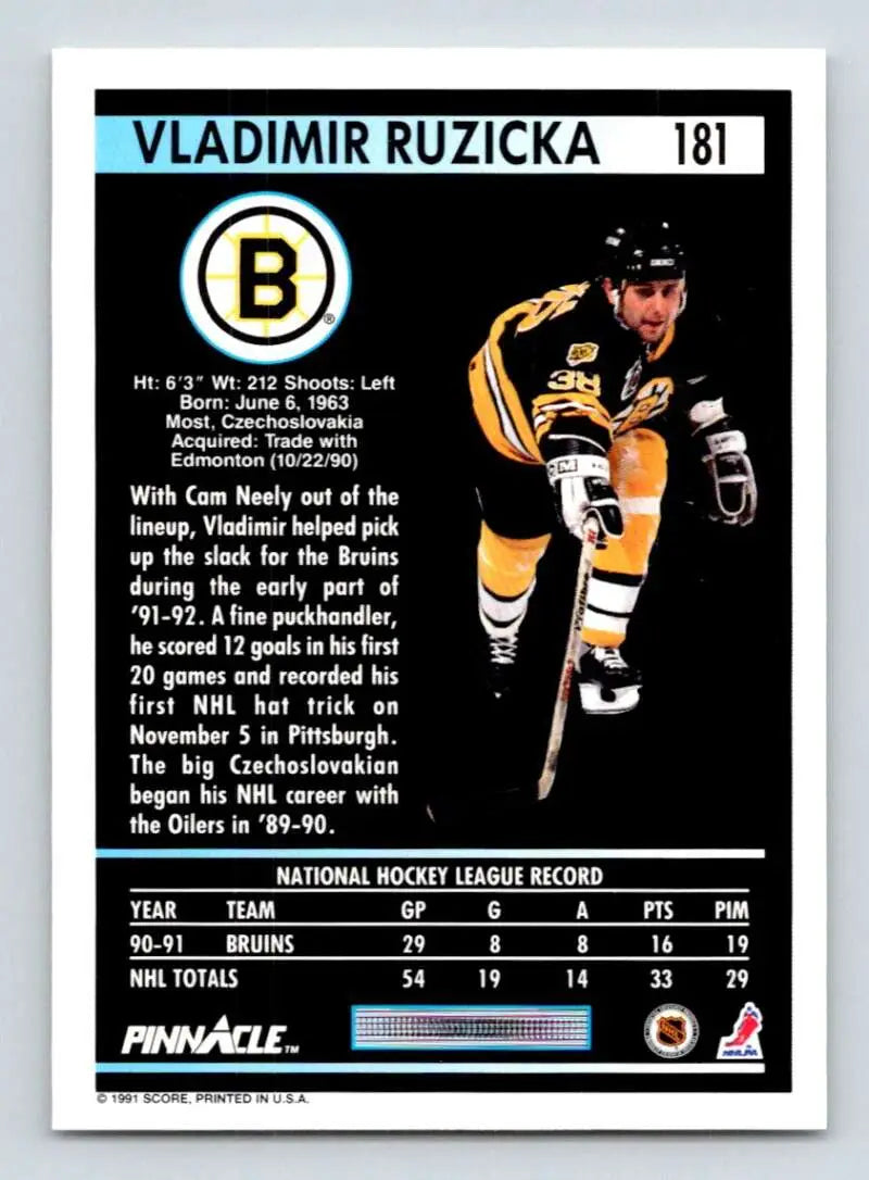Hockey card featuring Vladimir Ruzicka in Boston Bruins black and gold uniform