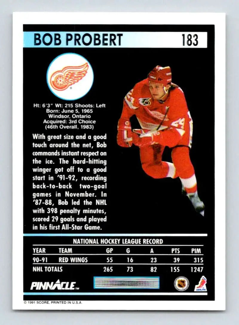 Hockey card of Detroit Red Wings player Bob Probert in red uniform skating action