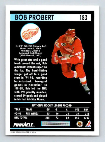 Hockey card of Detroit Red Wings player Bob Probert in red uniform skating action