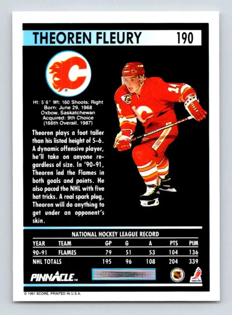 Calgary Flames hockey card featuring Theo Fleury in a red jersey, number 14
