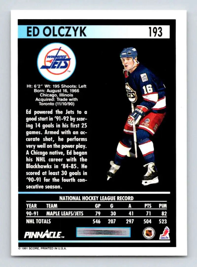 Hockey card of Ed Olczyk in Winnipeg Jets dark uniform with red and white accents