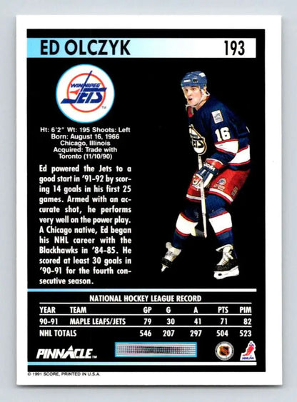 Hockey card of Ed Olczyk in Winnipeg Jets dark uniform with red and white accents