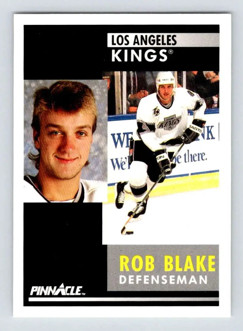 Rob Blake hockey card from 1991-92 Pinnacle, featuring headshot and action photo