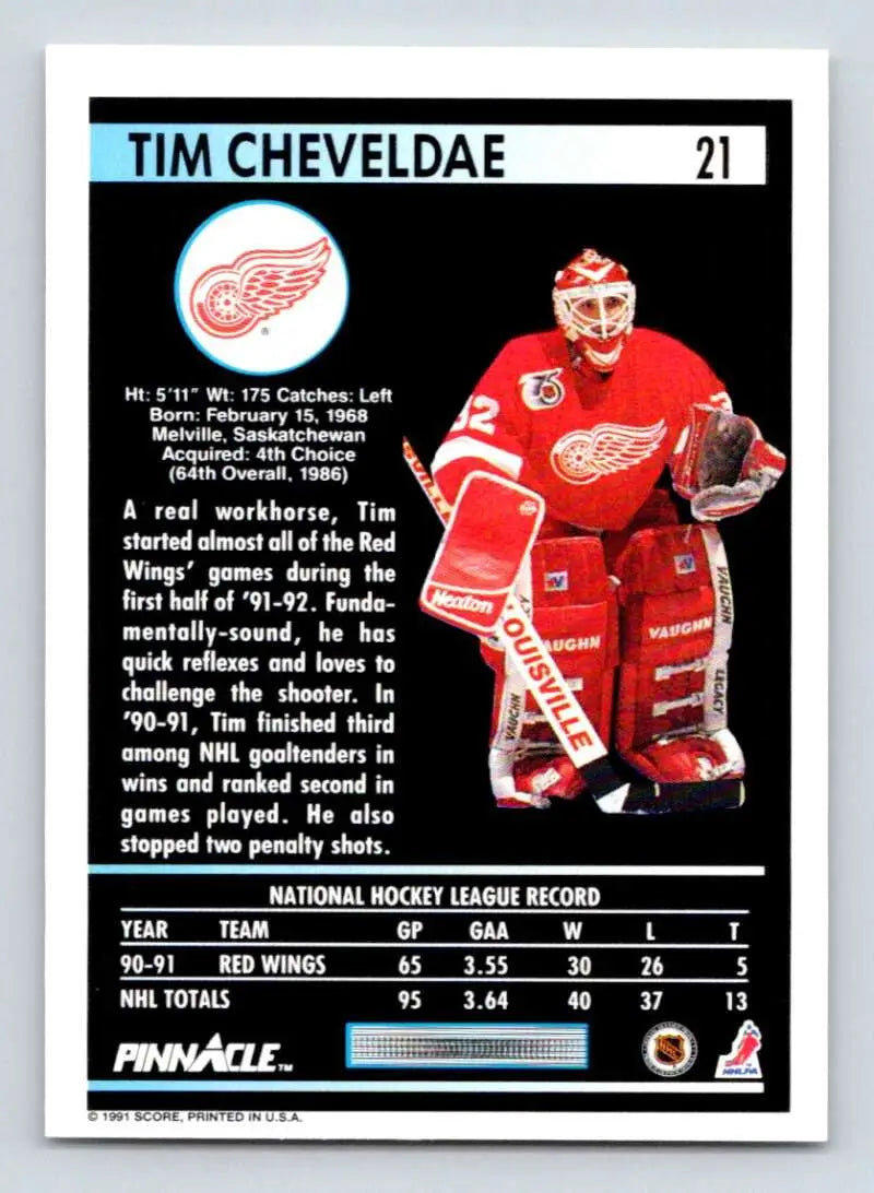 Hockey trading card of Tim Cheveldae in red uniform for Detroit Red Wings