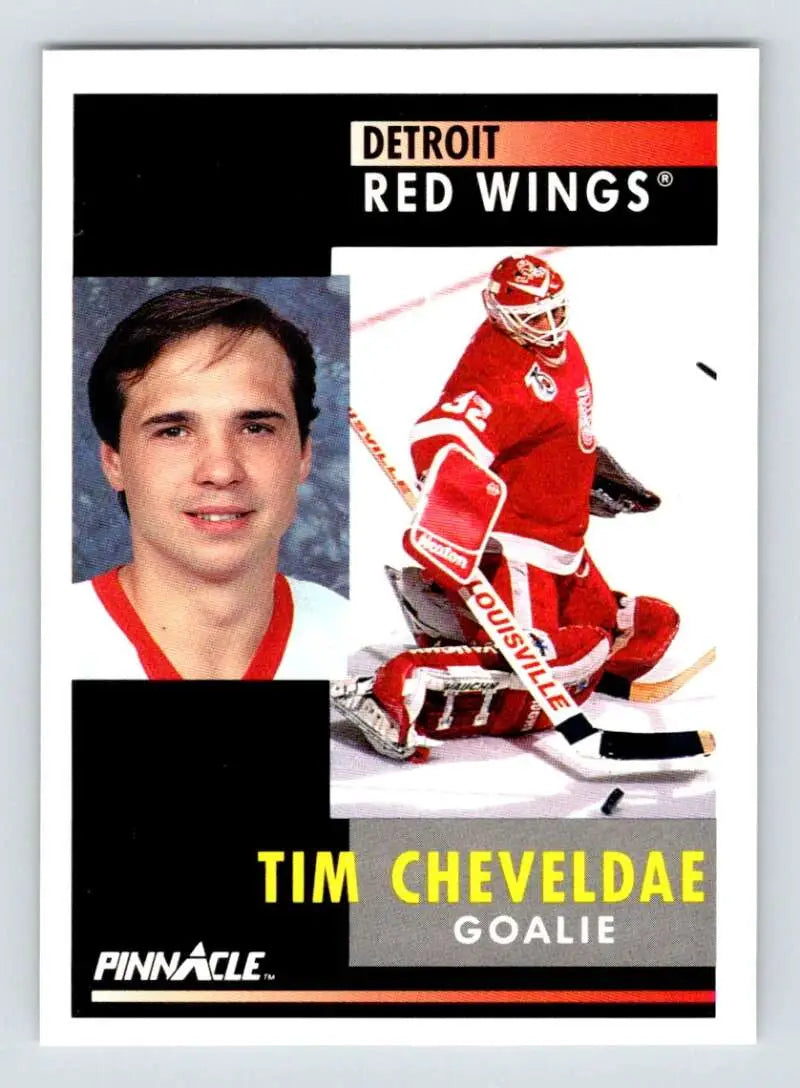 Tim Cheveldae Detroit Red Wings hockey card showcasing goalie in portrait and action poses