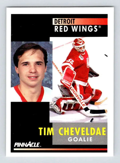 Tim Cheveldae Detroit Red Wings hockey card showcasing goalie in portrait and action poses