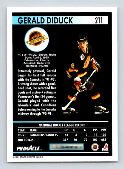 Hockey card of Gerald Diduck in Vancouver Canucks black and orange uniform
