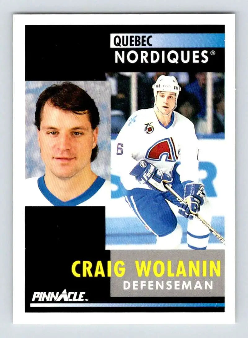 Hockey card of Craig Wolanin with Quebec Nordiques in portrait and action poses