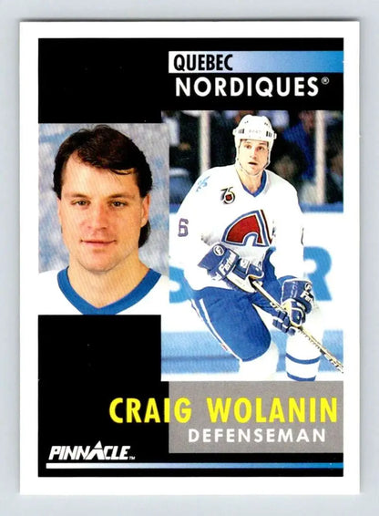 Hockey card of Craig Wolanin with Quebec Nordiques in portrait and action poses