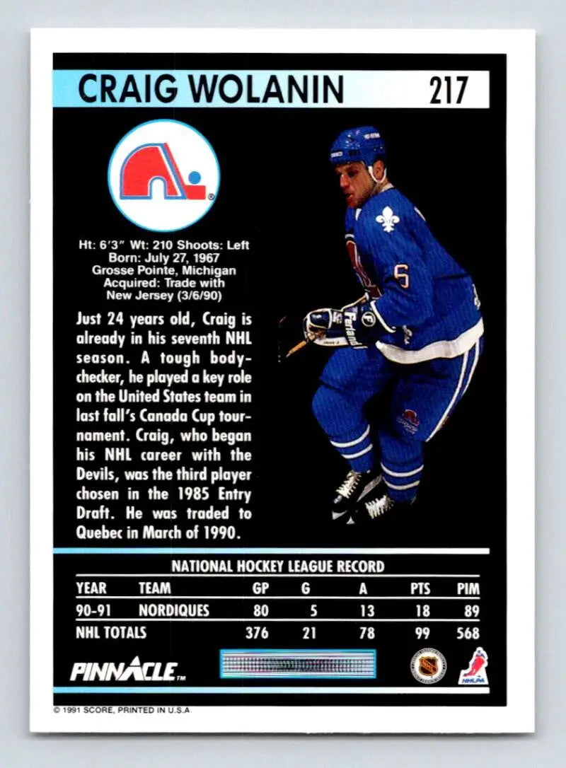 1991-92 Pinnacle hockey card of Craig Wolanin in Quebec Nordiques blue uniform