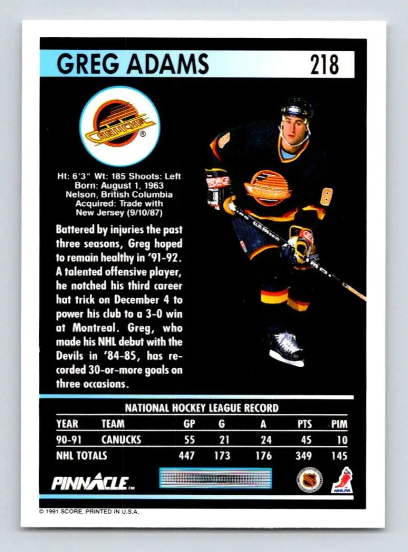Hockey trading card of Greg Adams in Vancouver Canucks black and orange uniform