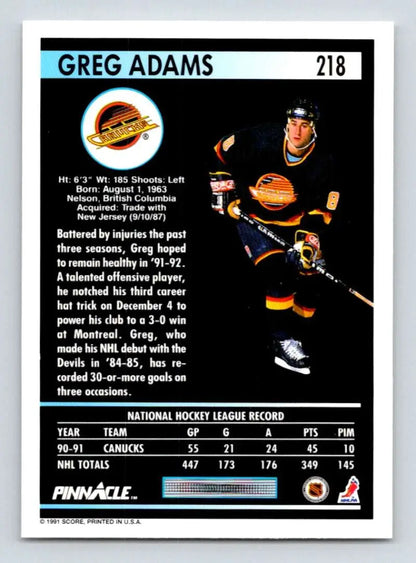 Hockey trading card of Greg Adams in Vancouver Canucks black and orange uniform
